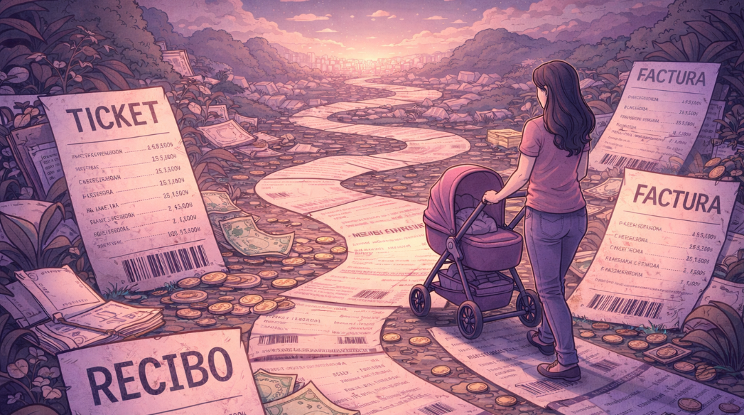 Ilustración de una mujer con un coche de bebé caminando por un sendero de recibos y facturas, representando los gastos invisibles del embarazo y la maternidad.